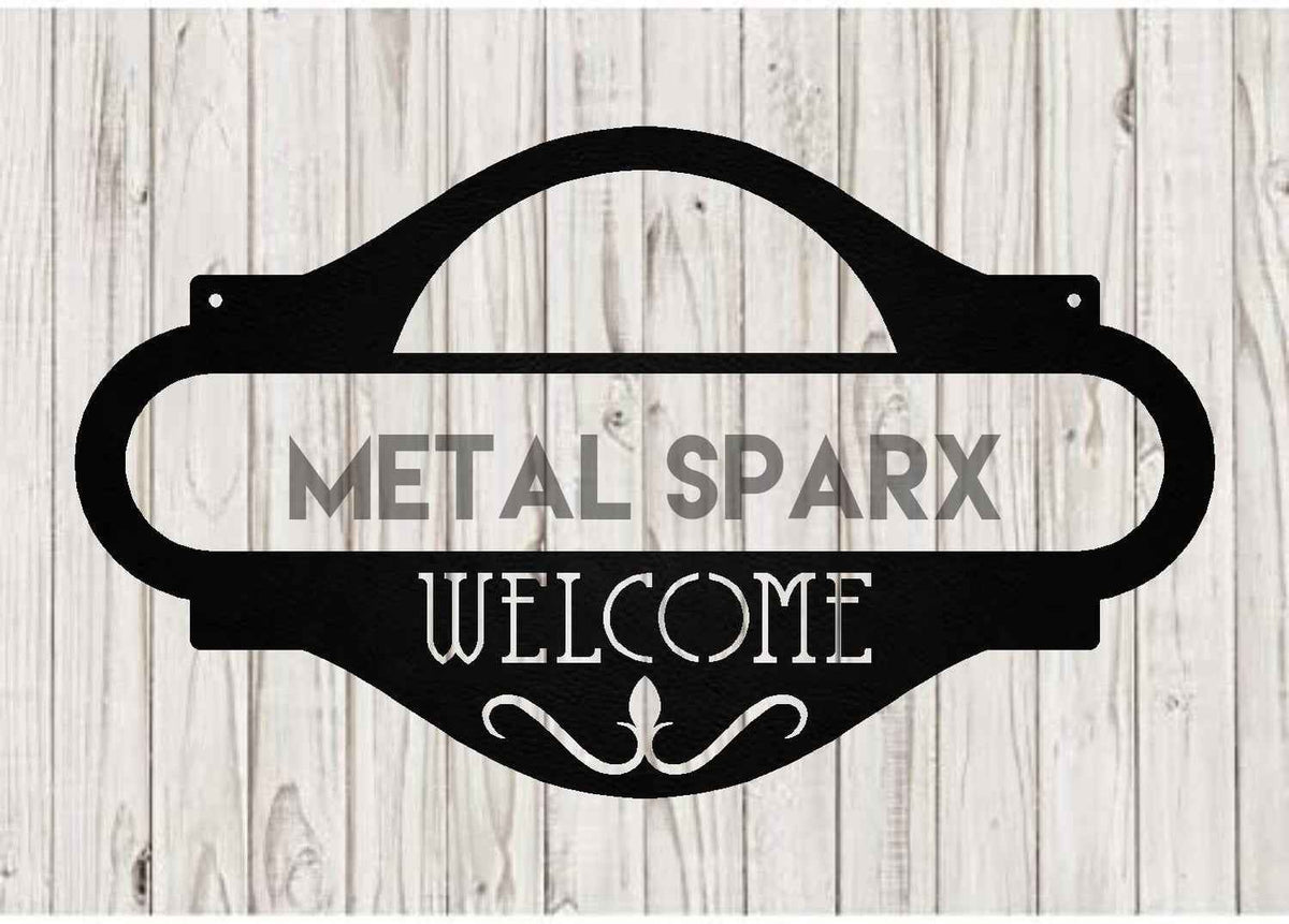 Black welcome address sign by Metal Sparx featuring elegant lettering, suitable for greeting guests at entrance or event.