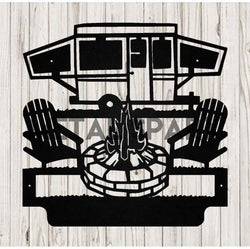 Black metal art displaying custom camping monograms by Metal Sparx, featuring intricate engraved letter designs.