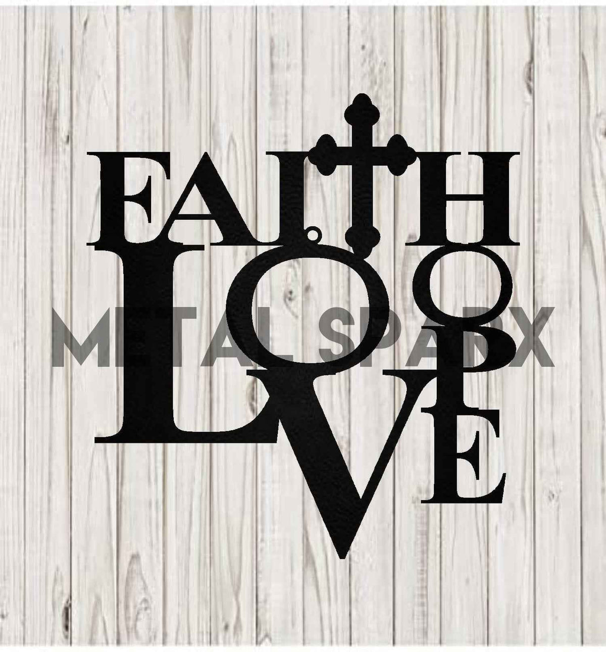 Black Faith Love Hope jewelry piece by Metal Sparx featuring engraved words on a sleek pendant.