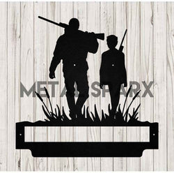 Father and son hunting scene featuring Metal Sparx branding, with silhouettes of hunters in a natural outdoor setting.