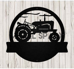 Black vintage tractor monogram metal art by Metal Sparx, featuring rustic industrial design and detailed tractor silhouette.