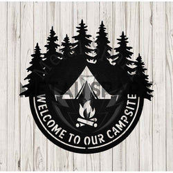 Black Metal Sparx Welcome to Our Campsite sign with outdoor camping design on a black background.