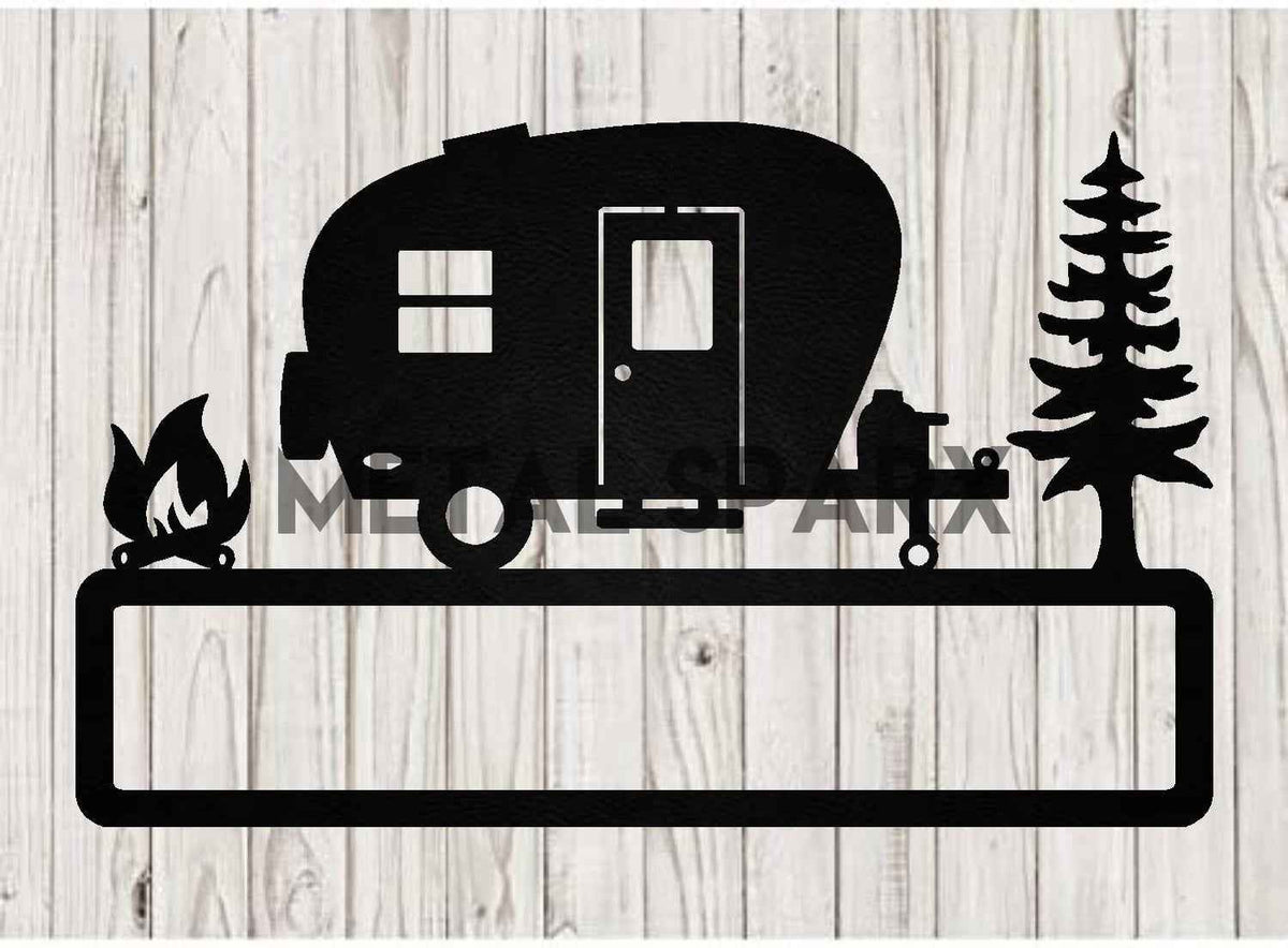 Black metal camper custom name plaque by Metal Sparx, personalized metal art for outdoor or cabin decor.