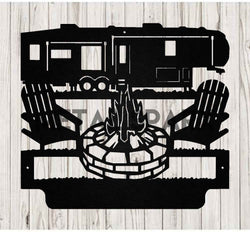 Black metal art featuring custom camping monograms from Metal Sparx, showcasing engraved personalized outdoor-themed design.