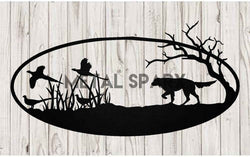 Black metal monogram featuring a pheasant and dog design by Metal Sparx, with intricate details and elegant craftsmanship.