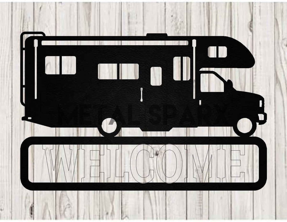 Black metal art monogram of a Class C motorhome by Metal Sparx, showcasing detailed craftsmanship and sleek design.