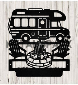 Black metal art piece featuring custom camping monograms by Metal Sparx with intricate design details.
