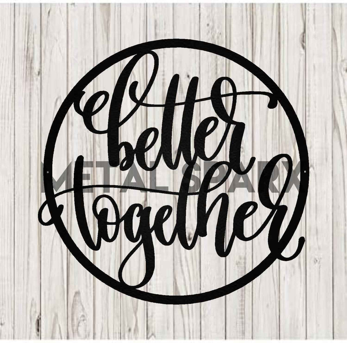 Black metal art decor piece titled Better Together by Metal Sparx, featuring intertwined heart designs on a sleek black background.