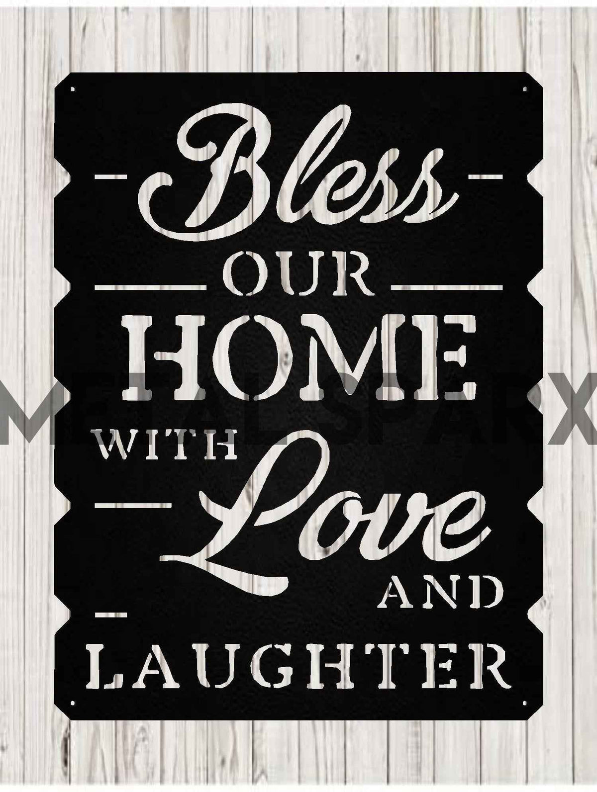 Black metal wall art with the phrase "Bless Our Home" by Metal Sparx, decorative home decor for wall display.