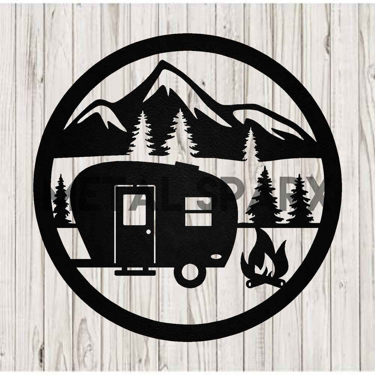 Black Metal Sparx camping scene metal art depicting a scenic outdoor camping landscape with trees and tents.
