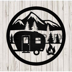 Black Metal Sparx camping scene metal art depicting a scenic outdoor camping landscape with trees and tents.