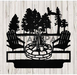 Black metal art piece featuring a personalized campfire scene by Metal Sparx, showcasing detailed flames, logs, and night sky background.