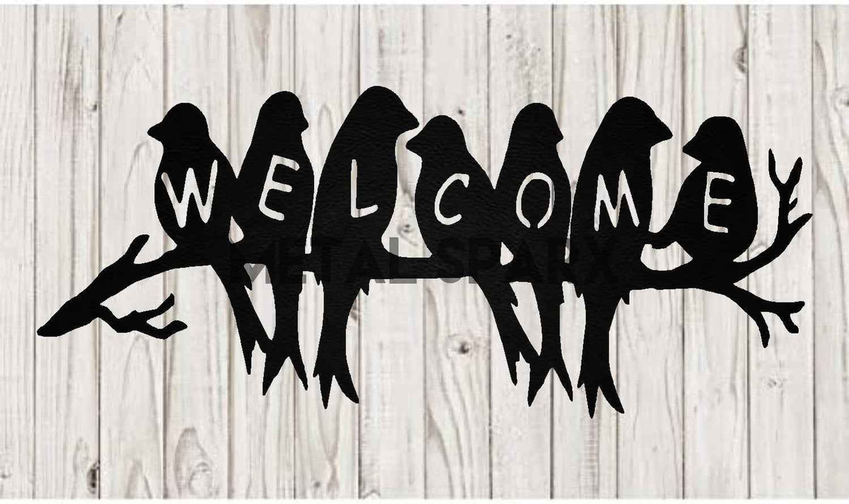 Decorative black metal welcome birds sculpture by Metal Sparx, featuring two intricately detailed bird figures on a stand.