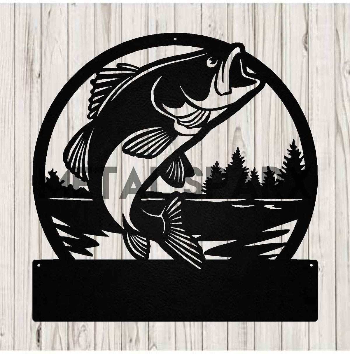 Black metal art piece featuring a bass monogram design by Metal Sparx, showcasing intricate metalwork on a smooth black finish.