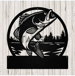 Black metal art piece featuring a bass monogram design by Metal Sparx, showcasing intricate metalwork on a smooth black finish.