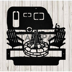 Black metal art with custom camping monogram design by Metal Sparx, outdoor-themed decorative wall decor.