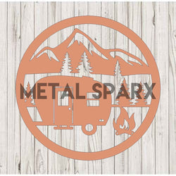 Copper camping scene metal art by Metal Sparx featuring detailed outdoor camping imagery with trees and tents.