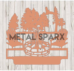 Copper metal art piece featuring a personalized campfire scene with trees and a tent, crafted by Metal Sparx.
