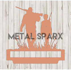 Copper sculpture of father and son hunting by Metal Sparx, detailed figurine capturing a scenic outdoor hunting scene.