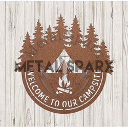 Copper camping sign with "Welcome to our Campsite" message by Metal Sparx, featuring rustic metal design and engraved lettering.