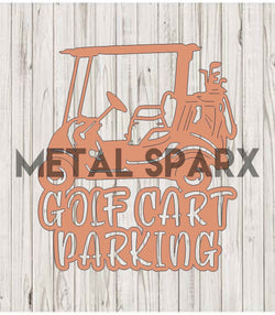 Copper Metal Sparx golf cart parking sign mounted on a post, designed for outdoor golf course parking areas.