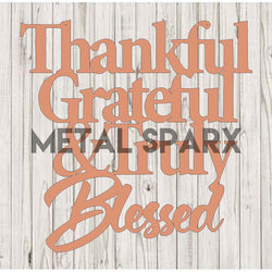 Copper metal art piece with "Thankful, Grateful" inscription by Metal Sparx, featuring intricate cutout design and decorative finish.