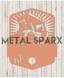Copper golf cart monogram by Metal Sparx, featuring intricate metalwork design for personalized golf cart decoration.