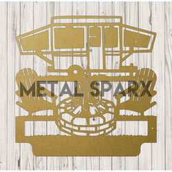 Gold metal art monogram by Metal Sparx, custom camping themed decorative metal wall art featuring intricate letter design.