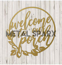 Gold metal art sign with welcome message, designed for porches, by Metal Sparx, featuring intricate metalwork and a polished finish.