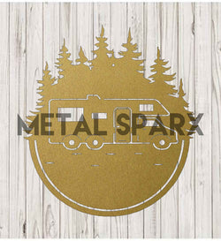 Gold metal RV monogram sign by Metal Sparx, featuring stylish RV-themed decorative metal art for home or RV decor.