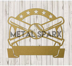 Gold Metal Sparx Bat and Ball Monogram metal art piece featuring a stylish bat and ball design on a gold finish.