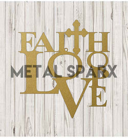 Gold Faith Love Hope metal pendant featuring the words Faith, Love, and Hope in elegant script.