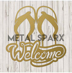 Gold Metal Sparx flip flop with "Welcome" text design, featuring a casual summer style and comfortable sole.
