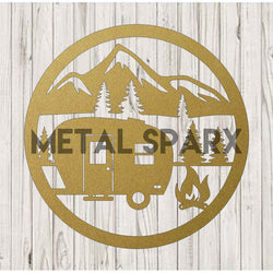 Metal Sparx camping scene metal art with gold finish, depicting outdoor camping elements and nature-inspired design.