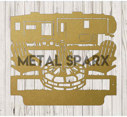 Gold metal camping monogram art by Metal Sparx featuring custom outdoor design in a stylish metal art piece.