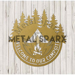 Metal Sparx Welcome to our Campsite sign in gold with black lettering, suitable for outdoor camping decor.