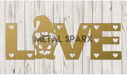 Gold metal gnome statue with "Love" inscription, decorative garden sculpture by Metal Sparx.