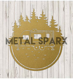 Gold metal RV monogram art by Metal Sparx featuring sleek, modern design perfect for RV decor or personalized outdoor accents.