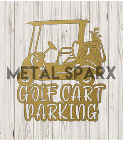 Gold Metal Sparx golf cart parking sign with engraved text, suitable for outdoor golf course or cart storage areas.
