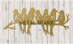 Gold metal welcome birds sculpture by Metal Sparx, decorative bird figures for home or garden decor.