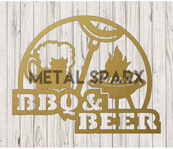 Gold Metal Sparx BBQ & Beer sign with bold lettering on a black background, perfect for outdoor or bar decor.
