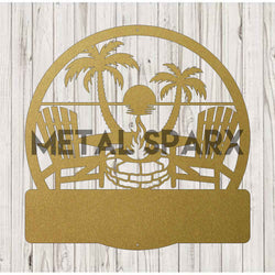 Gold Metal Sparx Beach Fire Pit Monogram with intricate design, perfect for outdoor patio decor and gatherings.
