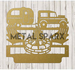 Gold metal art featuring custom camping monograms by Metal Sparx, crafted from durable metal with intricate design details.
