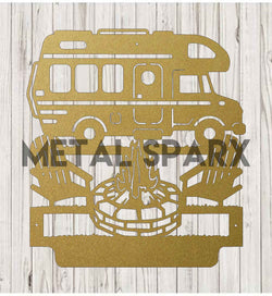 Gold metal camping monogram art by Metal Sparx, featuring custom outdoor-themed design on a metallic surface.