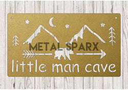 Gold Little Man Cave sign by Metal Sparx with bold lettering on a metallic gold background, ideal for man cave decor.