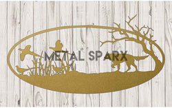 Gold pheasant and dog monogram by Metal Sparx, featuring intricate design on a gold-colored background.