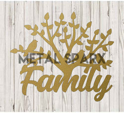 Gold metal family tree wall art by Metal Sparx featuring an intricate tree design with family branches and leaves.
