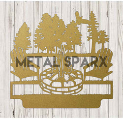 Personalized Metal Sparx campfire scene metal art with a warm outdoor campfire and trees, gold finish, detailed decorative wall decor.