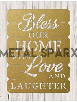 Gold metal wall art with "Bless Our Home" design by Metal Sparx, decorative metal decor for home interiors.