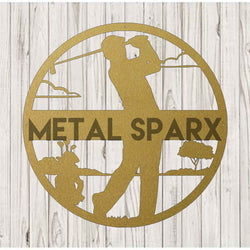 Gold metal monogram for males by Metal Sparx, featuring a sleek, personalized design perfect for golf accessories or decor.